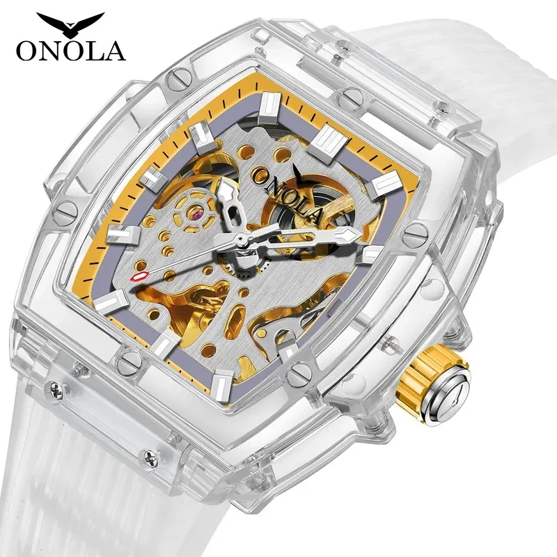 Onola3832トップブランドホワイトメカニカルウォッチファッションメンズ255mmシリコンベルトスケルトン中空透明メンズ自動時計