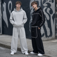 Ensemble 2 pièces pour homme avec logo personnalisé, sweat-shirt et pantalon de survêtement réfléchissants, coupe ample, épais, avec doublure à carreaux, style techwear