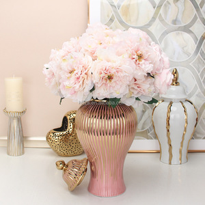 Vase à fleurs en céramique haut de gamme, style pot à gingembre chinois, en porcelaine de luxe, avec couvercle, à nervures dorées, pour la décoration intérieure - Product Image 3