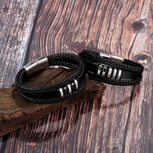 Pulseira de couro masculina, pulseira de couro simples de trança magnética de três camadas fivela magnética de aço inoxidável pulseira para homens