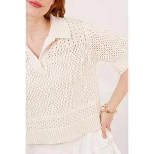 Chemisier en tricot ajouré à col polo pour femme, couleur écru, style décontracté et respirant pour tous les jours - Product Image 5