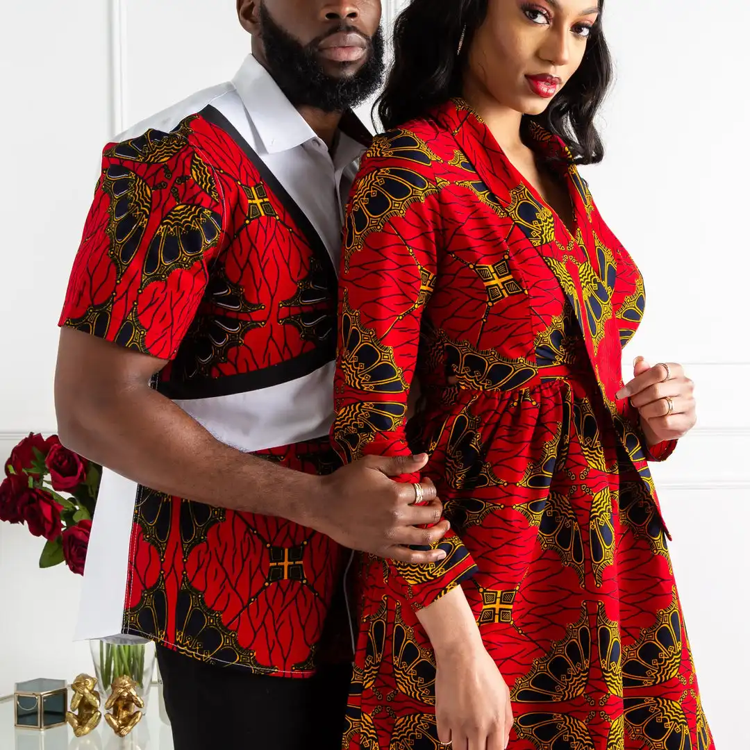 Cheaper Price African Print Women Long Sleeve Midi Dress Africa Print and Men's Official Jacket Couple Clothing