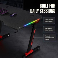 Table de jeu et bureau informatique AOR avec éclairage RGB, porte-gobelet, plateau pour écouteurs, surface en bois, noir – Expédition immédiate