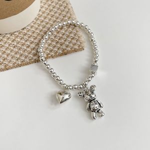 Pulsera de Plata de Ley S925 con Cuentas Redondas y Dije de Oso para Mujer, Estilo Simple, Joyería con Cuerda Elástica para Uso Diario - Product Image 3