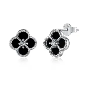 High Quality Trending Design 925 Sterling Silver Black Clover Earrings Jewelry Women Diamond Cubic Zirconia Earring Manufacturer