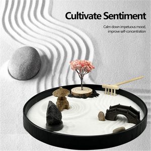 Kit de <span class=keywords><strong>jardin</strong></span> zen japonais en résine, religieux bouddhiste, grand plateau rond de 8 pouces avec 6 accessoires de broussailles et mini plateau de rangement, décoration de bureau faite à la main - Product Image 5