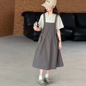 Conjunto <span class=keywords><strong>de</strong></span> 2 piezas <span class=keywords><strong>de</strong></span> verano <span class=keywords><strong>para</strong></span> niña, camiseta <span class=keywords><strong>de</strong></span> manga corta y vestido con tirantes ajustables, ideal <span class=keywords><strong>para</strong></span> la escuela, uso diario informal - Product Image 1