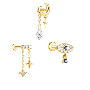 Boucle d'oreille à dos plat en or 18 carats et argent sterling S925, motif lune, étoile, pompon, œil et cristal bleu, étoile à quatre branches - Product Image 1