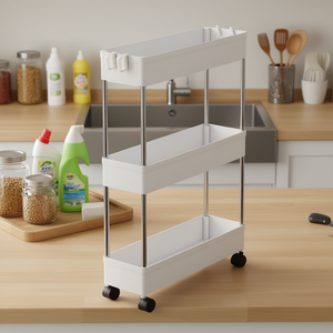 Étagère mobile blanche à 3 niveaux en acier inoxydable, chariot de rangement en plastique, organisateur de cuisine et de buanderie, rectangulaire et étroit, sur pied - Product Image 2