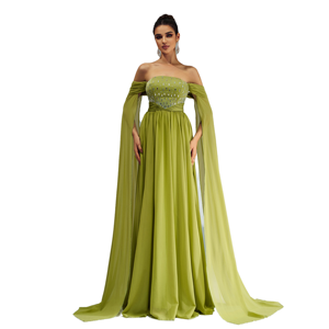 Vestido de noche elegante y lujoso de gasa verde transpirable con pedrería en el hombro, corte en A, cintura imperio, sin espalda, antiestático y modesto. - Product Image 1