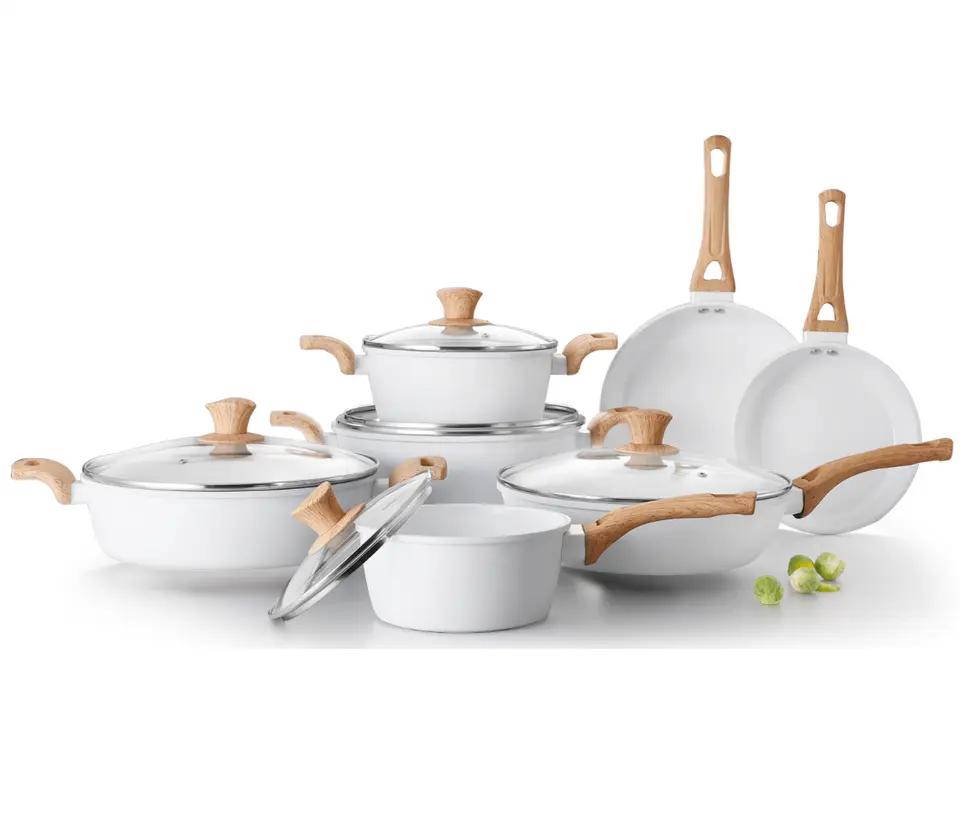 Set panci masak dapur desain marmer putih, peralatan masak aluminium anti lengket