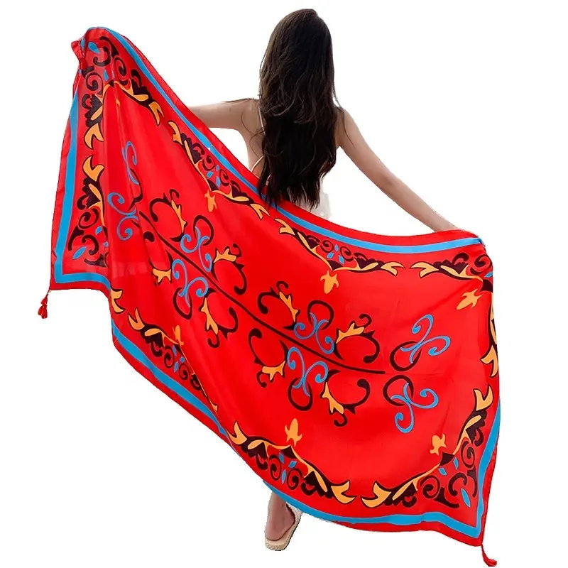 Summer new silk scarf women's sun protection shawl seaside dual use outside the beach towel ethnic wind travel photo thin scarf