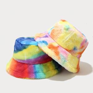 2024 New Autumn Winter Furry <b>Tie</b> Dyed Bucket Hat Fashion Colorful Women Thickened Warm Wide Brim Bucket Hat - Product Image 3