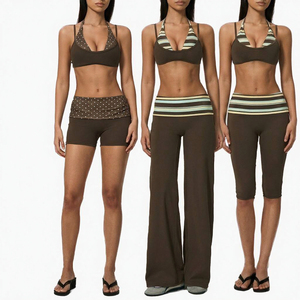 Factory Custom Front Striped Ladies Retro Yoga 4-Piece Active Set Sports Bra Foldable Quick Dry Spandex/Nylon Waist - Product Image 3
