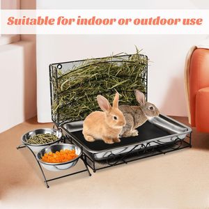 Mangeoire à foin Oniya Black 3 en 1 pour lapins avec bac à litière et bols, mangeoire à foin pour cochons d'Inde avec support à foin en métal - Product Image 5