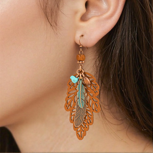 Ensemble collier et boucles d'oreilles feuilles bohèmes en alliage plaqué bronze antique, bijoux de fête pour femmes - Product Image 4