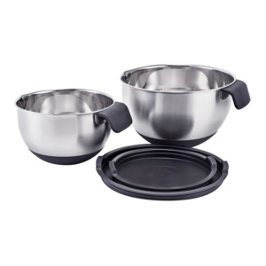 Set di 3 Ciotole per Mescolare in Acciaio Inox <span class=keywords><strong>Fungho</strong></span> con Base in Silicone, Manico Antiscivolo, Beccuccio e Coperchio in PE Ecologico, Lavabili in Lavastoviglie - Product Image 2