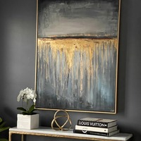 Arte Mural Enmarcado Gold Horizon, Pintura Abstracta en Lienzo Gris Texturizado, Decoración de Sala de Estar, Texturizada en 3D, Hecha a Mano con Óleo