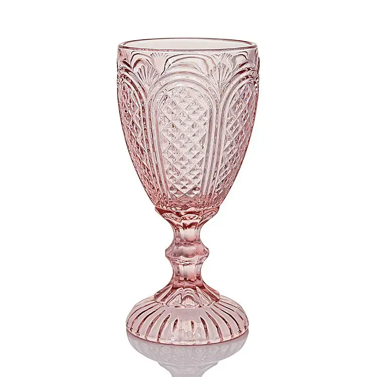 Vintage wine goblet glass Embossed Design Glassware Pressed Machine pressed glass color wine glasses carved water goblet