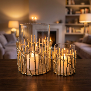 Ensemble de porte-bougies en verre décoratif avec motif de branche dorée, forme cylindrique, résistant à la chaleur, décoration d'intérieur, 31 cm et 25,5 cm - Product Image 5