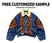 Blouson Bomber en Jean Géométrique Tribal Personnalisé pour Homme, Style Vintage Délavé et Vieilli, Veste de Travail
