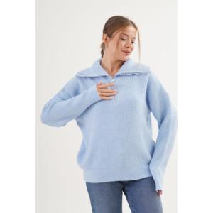 Pulls en tricot Thessaloniki à col zippé pour femme, bleu ciel, manches longues, décontractés, anti-boulochage, 16 Gg, vente en gros - Product Image 3