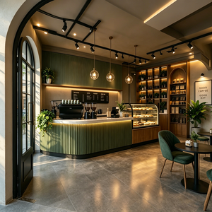 Café chaleureux avec comptoir vert côtelé, vitrine à pâtisseries, éclairage sur rail et plantes luxuriantes. - Product Image 2
