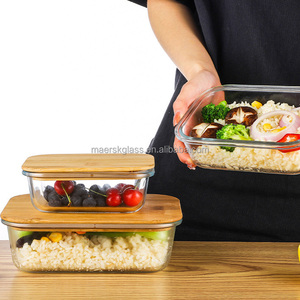 Boîte à lunch en verre disponible au micro-ondes, récipients de stockage d'aliments pour la maison et la cuisine avec couvercle en bambou - Product Image 4