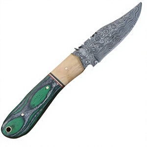 Couteau de chasse à lame fixe en acier Damas, pointe en U, manche vert, couteau de survie pour extérieur avec étui en cuir - Product Image 2