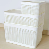 Panier de rangement moderne en plastique pour la maison, panier à linge, organisateur de vêtements, conteneur de rangement à motif rotin avec couvercle, vente en gros