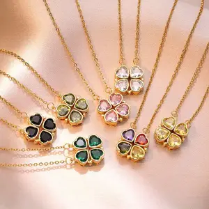 Dainty acier inoxydable or 18 carats Zircon Shell Love Heart Clover Flower Pendant Necklace Women Shiny Cz Four Leaf Necklace