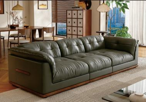 Sofá Chesterfield de 3 plazas en cuero genuino verde con respaldo capitoné y base de madera para sala de estar - Product Image 6