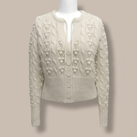 Cardigan en tricot crème pour femme, manches longues, col rond, fermeture boutonnée, pull décontracté d'automne, design à motifs fait main