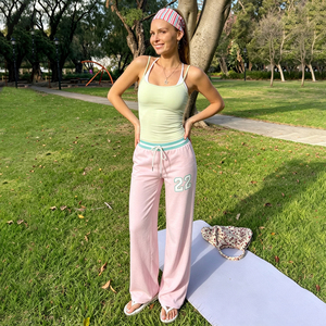 Pantalones coreanos de pierna recta con cintura a rayas de colores contrastantes, con cordón ajustable, estampados, deportivos, versátiles, básicos, con caída, casuales y largos. - Product Image 4