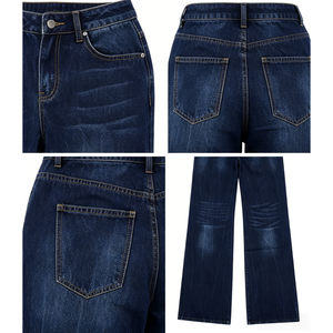 Jean en denim tendance rétro taille mi-haute coupe ample avec plusieurs poches, délavé style vintage, jambe large, pour un usage quotidien décontracté et urbain - Product Image 5