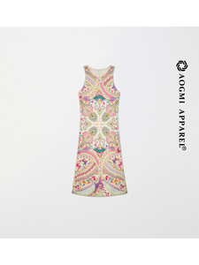 เดรสยาวพิมพ์ลายดอกไม้สไตล์ลำลองสำหรับผู้หญิงยุโรปและอเมริกา แบบไม่มีแขน ทรงเอวธรรมชาติ ทอแบบพิเศษ - Product Image 1