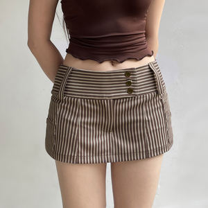 Jupe Courte Cintrée Américaine Vintage Marron Rayée pour Femme, Taille Basse, Trois Boutons, Faux Poches, Style Tailleur - Product Image 5