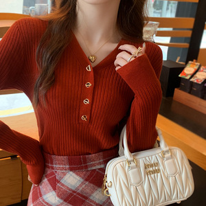 <span class=keywords><strong>Pull</strong></span> rouge <span class=keywords><strong>femme</strong></span> automne et hiver Super belle chemise de fond avec haut en tricot à col en V <span class=keywords><strong>pull</strong></span> tricoté de Noël - Product Image 1