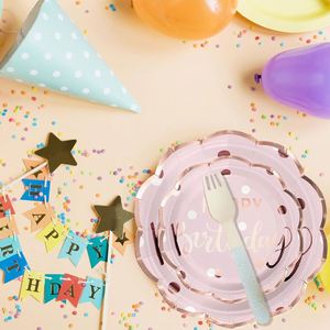 Stree Direct 9 Inch Pink and Gold Happy Birthday Paper <b>Plates</b> Modern Glitter Rim Hot Selling for Birthday Parties - Product Image 2