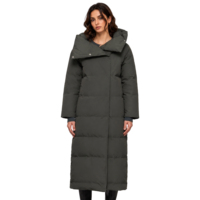 Manteau long matelassé pour femme avec logo personnalisé, couleur olive foncé, col asymétrique à revers, boutons-pression, coupe-vent, doudoune d'hiver pour femme
