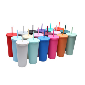 Shang Kou Ai Reusable Plastic Straw Cup 24oz Double Walled For Travel Portable Drinkware - Product Image 3