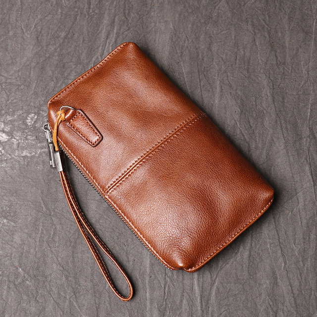 Durable Cowhide Leather Wristlet Wallet for Men Zippered Phone Pouch with Wrist Strap Handbag