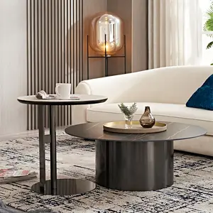 Set meja kopi mewah desain Italia kelas atas dasar baja hitam postmodern ruang tamu set meja furnitur