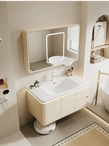 New Modern Cream <strong>Bathroom</strong> Vanity Set Luxury Stone Ceramic Integrated Basin Rubber Wood <strong>Bathroom</strong> <strong>Sink</strong> <strong>Storage</strong> for Hotel Villa Use - Product Image 3