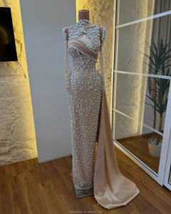 MD50100迷人的香槟高领美人鱼舞会礼服，奢华珍珠串珠和垂褶侧列，适合正式场合 - Product Image 1