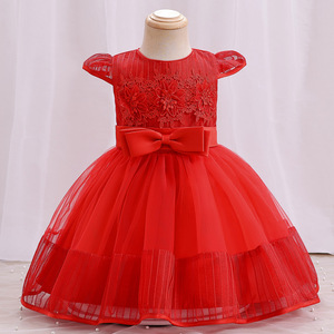 Baihui Girls' <b>Red</b> Embroidered Tulle Dress With <b>Bow</b> Short Sleeve Princess Style For Parties - Product Image 1