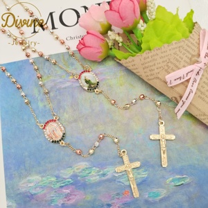 时尚批发热卖念珠项链黄铜14k三色念珠项链圣母玛利亚圣裘德念珠项链 - Product Image 5