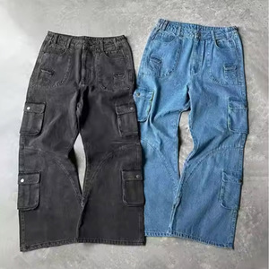 مخصص للرجال كارجو 15 أونصة قطن بنطلون جينز كلاسيكي مبطّن جينز فضفاض للرجال مستقيم 3D جيوب متعددة البضائع غسل الجينز الرجال - Product Image 3