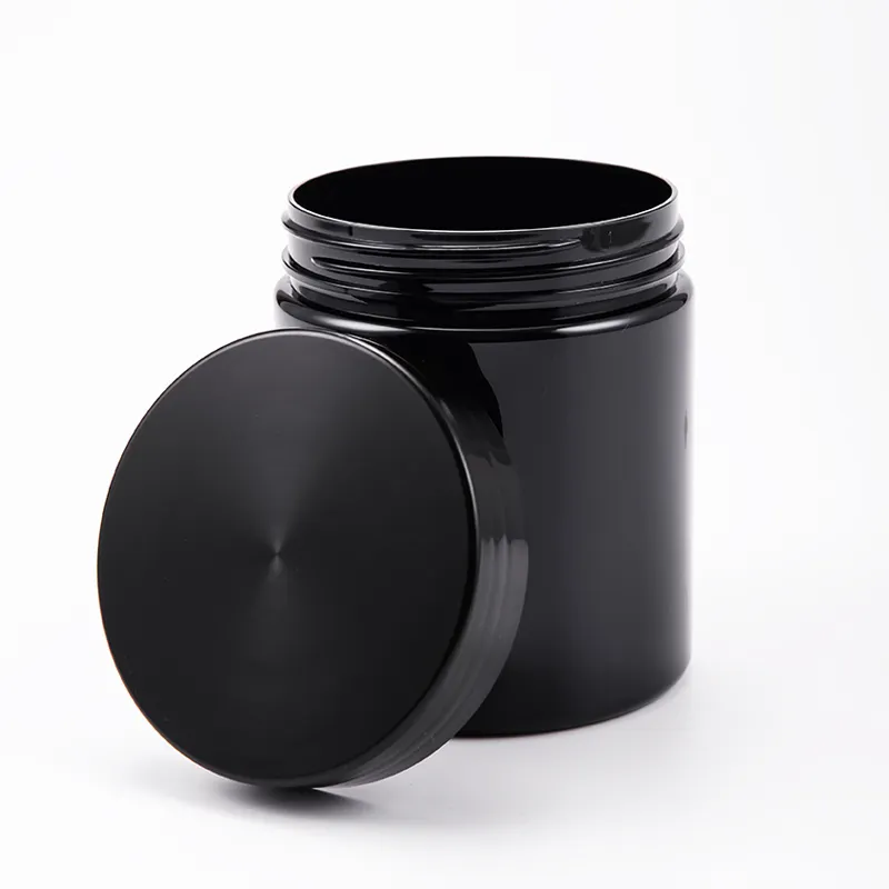 Benutzerdefinierte Runde Schwarz Kunststoff Gläser Mit Deckel PET Container für Lebensmittel Protein pulver Dosen Reise Kunststoff PET Flasche Lagerung Gläser