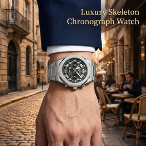 Montre-bracelet chronographe squelette de luxe à quartz avec bracelet en acier inoxydable et fermoir papillon simple pour une étanchéité quotidienne de 5 ATM - Product Image 5
